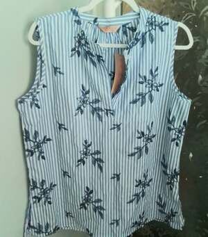 Amana NWT Womens Navy Blue Sequin Leaf Print Sleeveless Poly Button Top Size XL